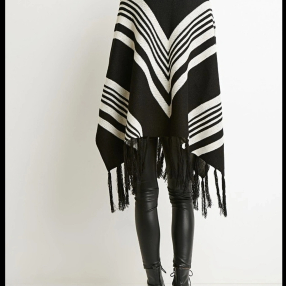 Black and White Striped Poncho with Fringe